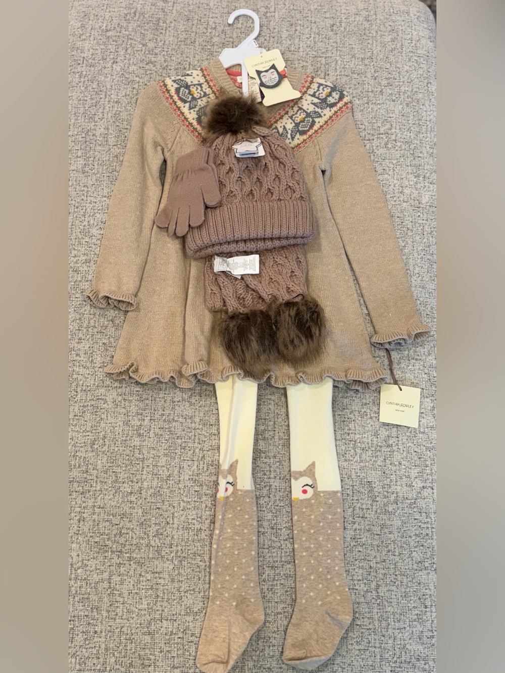 Cynthia Rowley Girls 5-6 Beige Fair Isle Knit Sweater Dress Owl Ruffle NWT
